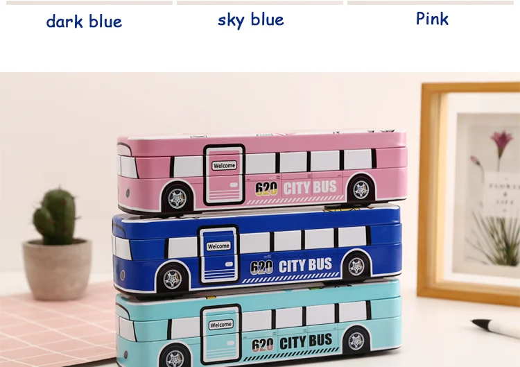 Creative bus stationery box multi-function pencil box iron box children's school supplies men and women students double-layer p