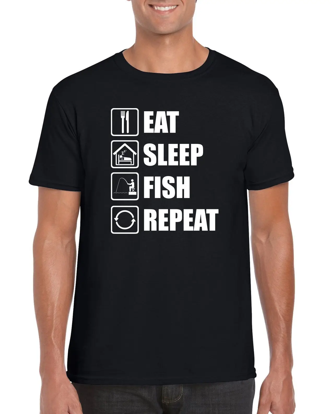 "Eat Sleep Fish Repeat" забавная футболка для рыбалки Новые футболки arrival повседневная Летняя Распродажа дешевых футболок