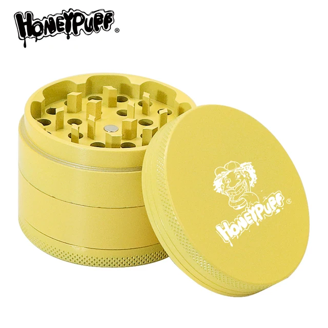 HONEYPUFF Grinder Weed Ceramic Herb Grinder Aluminum 63MM 4 Layers Grinding Machine Spices Grinder Crusher Weed Accessories Yellow
