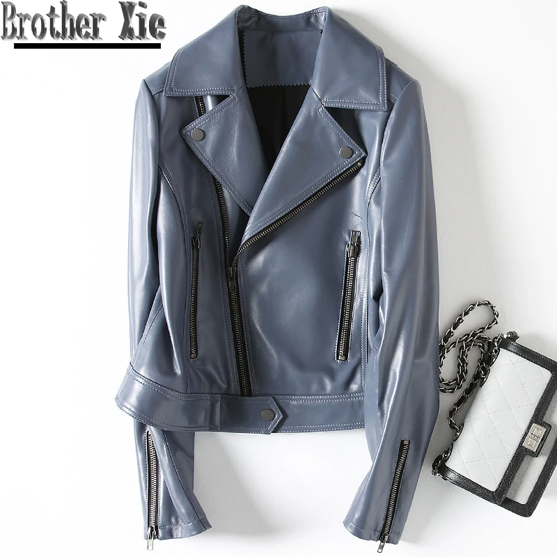 

New Slim Fashion Motorcycle Genuine Sheepskin Leather Coats Women Fashion Real Leather Jackets Ladies Brand Quality Clothes