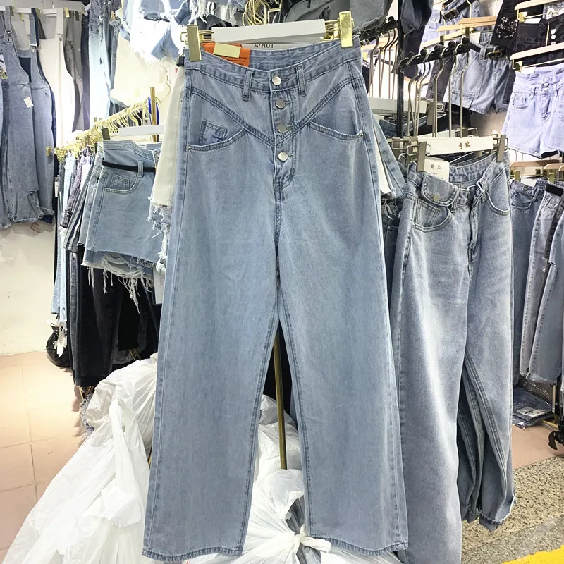 

Spring Summer 2020 New Women's Pants Streetwear Design Retro High Waist Multi-buckle Loose Straight Plus Size Casual Jeans Woman