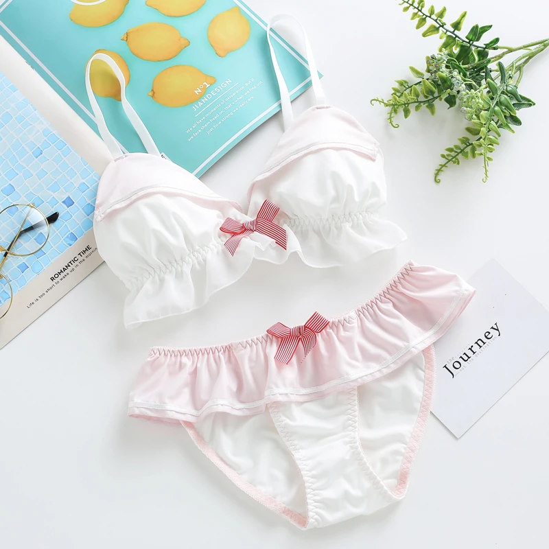 

Japanese Womens Sweet Navy Striped Sailor uniform Bra & Briefs Sets Lolita Underwear Sets Breathable Teen Girls Ruffle Bra Sets