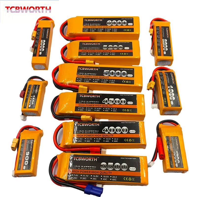 TCBWORTH 7.4V 11.1V 14.8V 22.2V RC LiPo batterie 1300 2200 3300 4200 5200 6000mAh 25C 35C 60C pour Drone avion RC Quadrotor