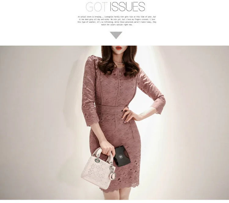 Qiqi&queen Elegant Lace Pencil Dress Women Spring 3/4 Sleeve Waist Sheath Bodycon Dresses Work Wear OL Business Vestidos