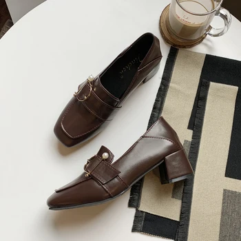 

New Faux Leather Women's Shoes Spring 2020 Chunky Heel Square Toe Women's Single Shoes Mid Heel Shoes Female Leisure W30-08