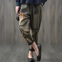 Плюс размер 3XL! Для женщин Демисезонный модные брендовые винтажные нашивки печати повседневные джинсы из денима с бахромой штаны-шаровары