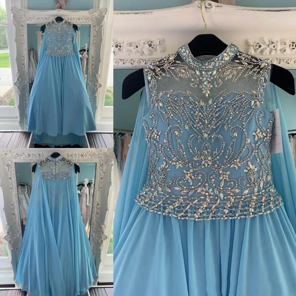 

Blue Chiffon Pageant Dresses With Cape for Teens 2020 with Wrap Bling Rhinestones Long Pageant Gowns for Little Girls Formal