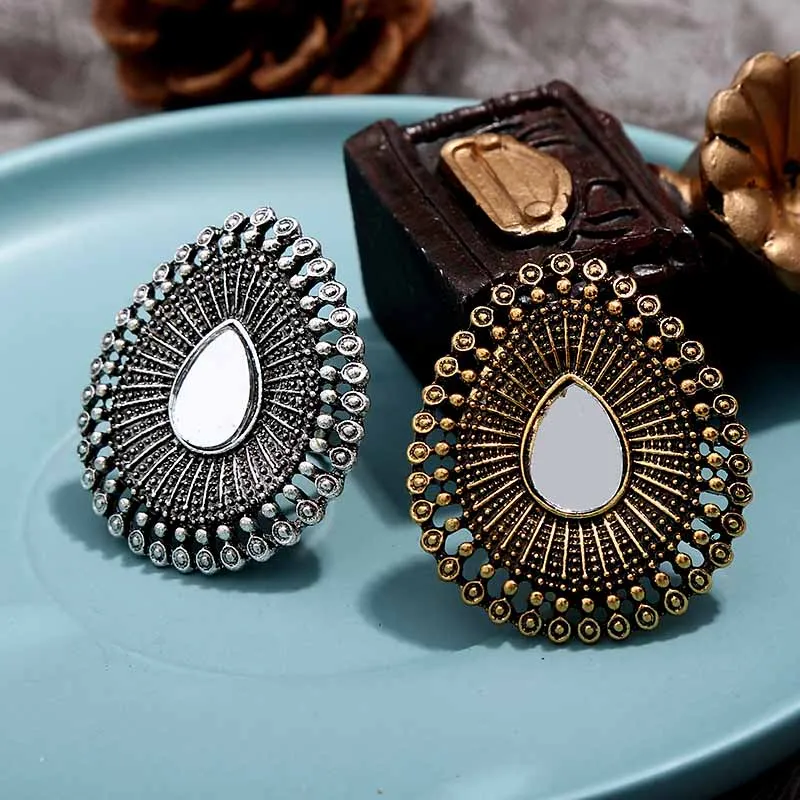 

Vintage Ethnic Gravel Alloy Large Metal Water Ring Adjustable Opening Fashion Jewelry Personality Female Retro Finger Ornament