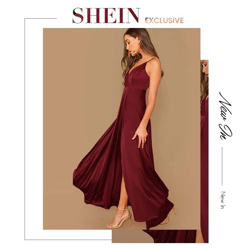 SHEIN модное однотонное атласное платье на тонких бретельках с запахом, женские осенние пикантные вечерние платья макси без рукавов с высокой талией на бретельках