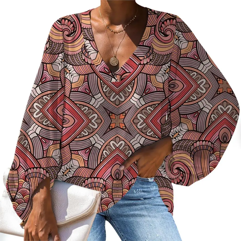 

Aulaygo Mandala Nature Women V-neck Top Long Ruffled Sleeves Chiffon Afro Tribe Ethnic Pattern Shirt Tops Casual Beach Blouses
