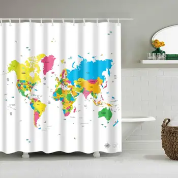 

Waterproof Thicken World Map White Bathroom Polyester Mildew Proof Bath Tub Shower Curtain with 12 pcs Hooks