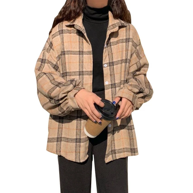 Muyogrt Women Shirt Plaid Oversized Brown Top Turn-down Collar Leisure Fashion Loose All-match Long Sleeves Soft Chic Korean Top Style2-KHAKI