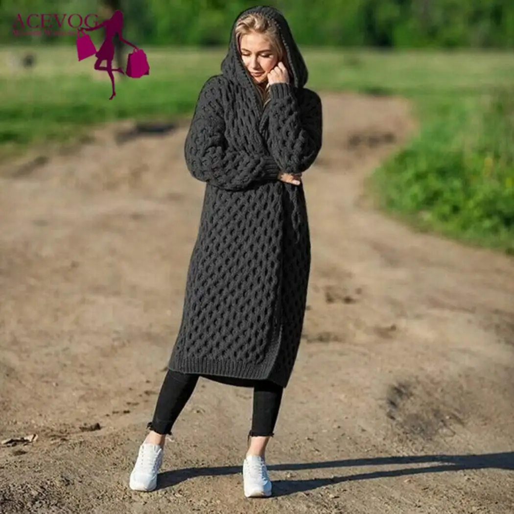Женский вязаный кардиган с капюшоном, пальто, повседневный осенний, зимний, длинный рукав, однотонный, свободный, свитер, верхняя одежда