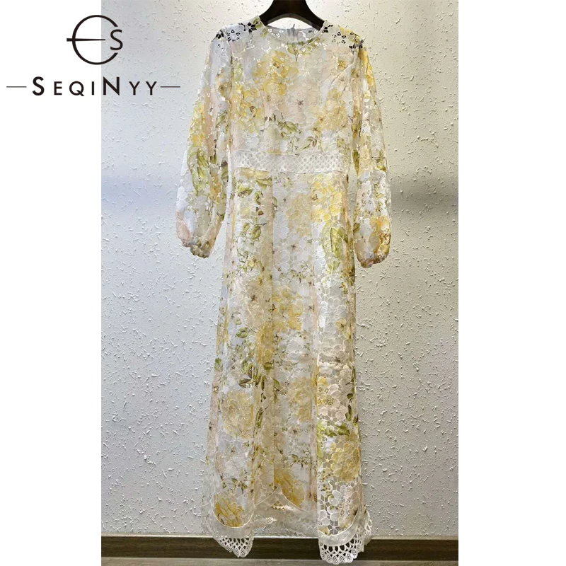 

SEQINYY Bohemian Midi Dress 2020 Spring Autumn New Fashion Design Women Embroidery Flowers Hollow out Lace Elegant Dress