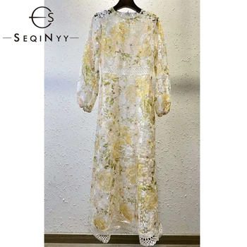 

SEQINYY Bohemian Midi Dress 2020 Spring Autumn New Fashion Design Women Embroidery Flowers Hollow out Lace Elegant Dress
