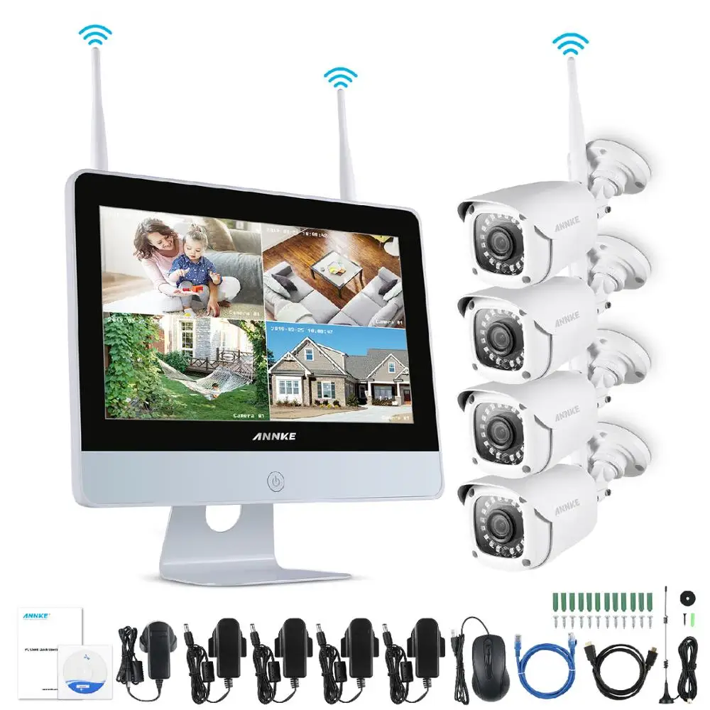 ANNKE 8CH 1080P FHD Wireless Video Security System 12inch LCD Screen NVR 4X8X 2MP Bullet IP Camera Outdoor CCTV Surveillance Kit - Цвет: 4PCS Cameras
