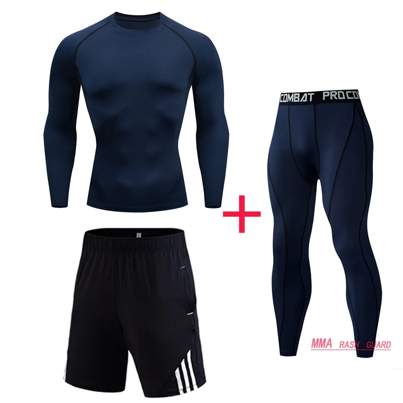 Высококачественный мужской костюм для фитнеса, компрессионное быстросохнущее термобелье, мужская спортивная одежда для тренировок - Цвет: Navy