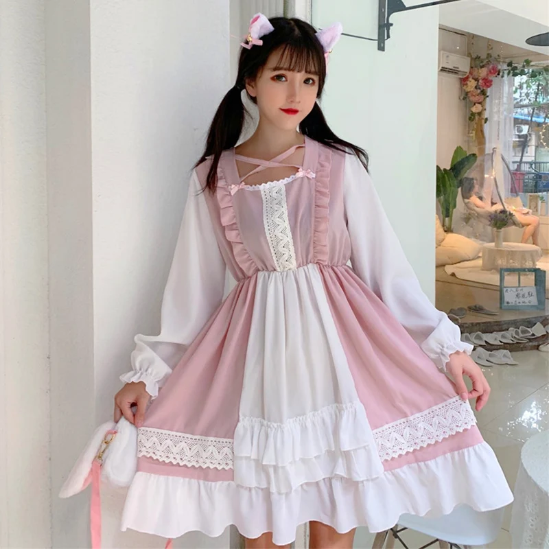 Розовое винтажное платье в стиле лолита милое Ретро принцессы loli cos |