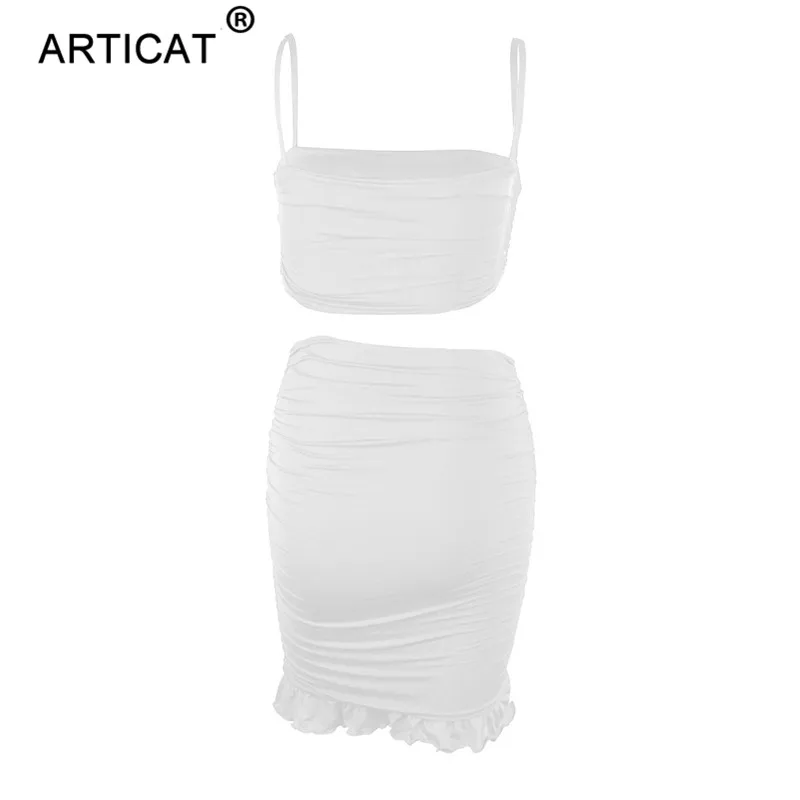 Articat Women Sexy Bodycon 2 Piece Dress Set Ruffles Spaghetti Strap Crop Top Summer Mini Skirts Suits Fashion Solid Outfits