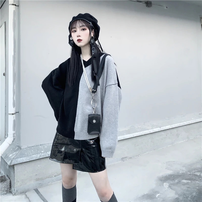 Harajuku Повседневный цветной лоскутный женский свитер с длинным рукавом для девочек, вязаный пуловер с v-образным вырезом