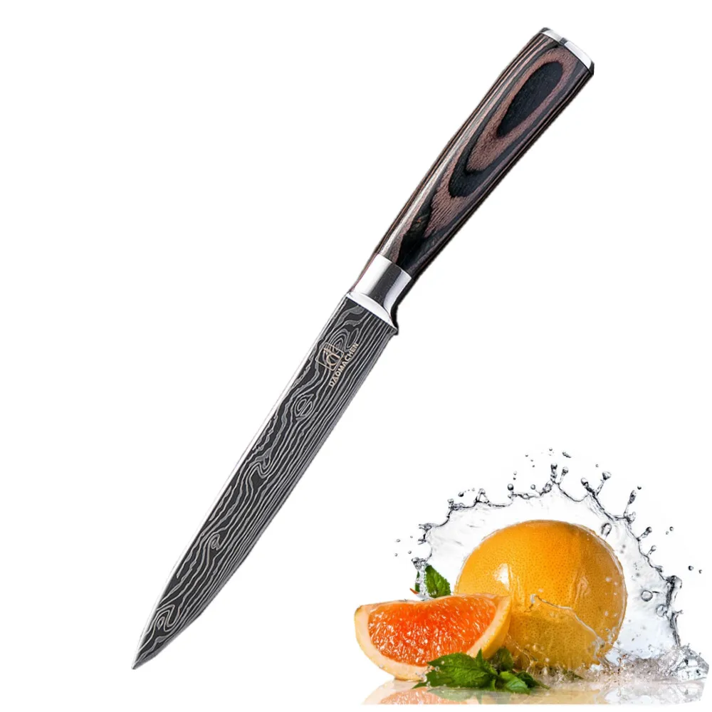 

DAOMACHEN 5.5 inch utility knife Damascus pattern color wood handle 7cr17mov high carbon steel kitchen knife