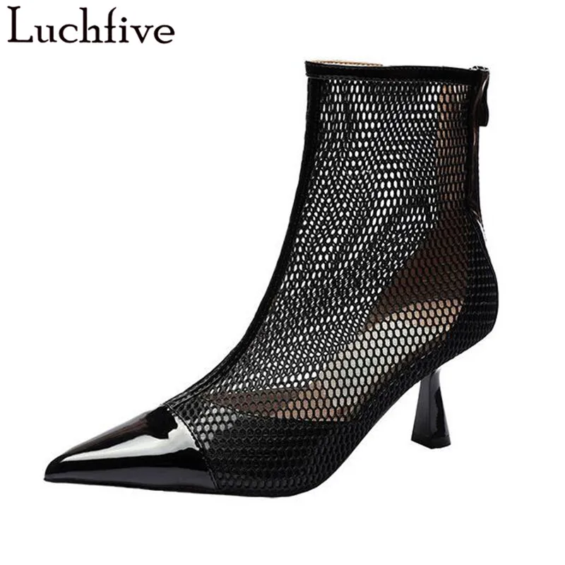

Sexy Mesh Ankle Boots For Women High Heels Women Boots Pointy Toe Black Party Shoes Woman Fashion Zipper Short Boots Women