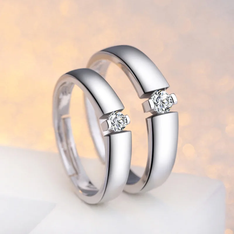 

New 925 Sterling Silver Jewelry Couple Ring Smooth Brushed Opening Ring Zircon Inlaid Romantic Wedding Jewelry