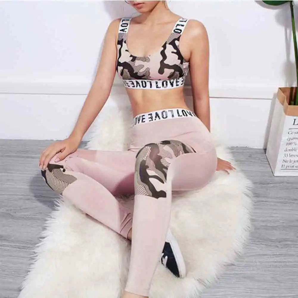 

2020 summer Pink Camouflage Patchwork Two Pieces Suits Print Elastic Waist Crop Tops And Fitness Leggings Women Sexy Tanksuits