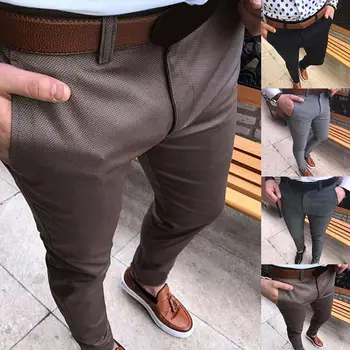

New Men Solid Color Mid Waist Pockets Cotton Elastic Pencil Pants Long Trousers