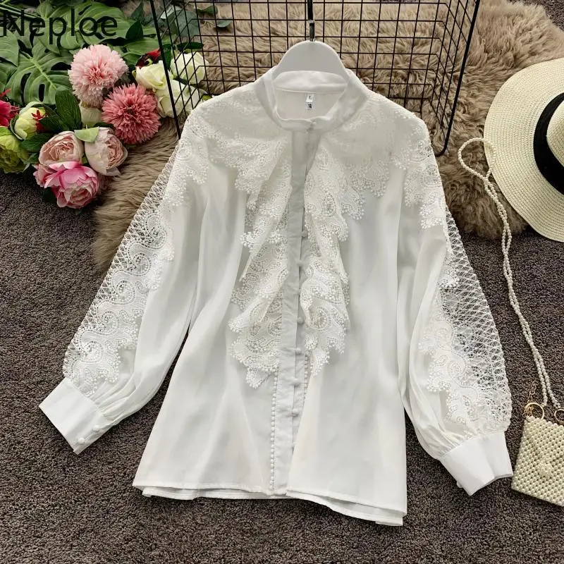 

Neploe Lace Patchwork Blouses Shirt Women 2020 Retro Single Breasted O-neck Blouse Korean Long Lantern Sleeve Top Blusas 55830