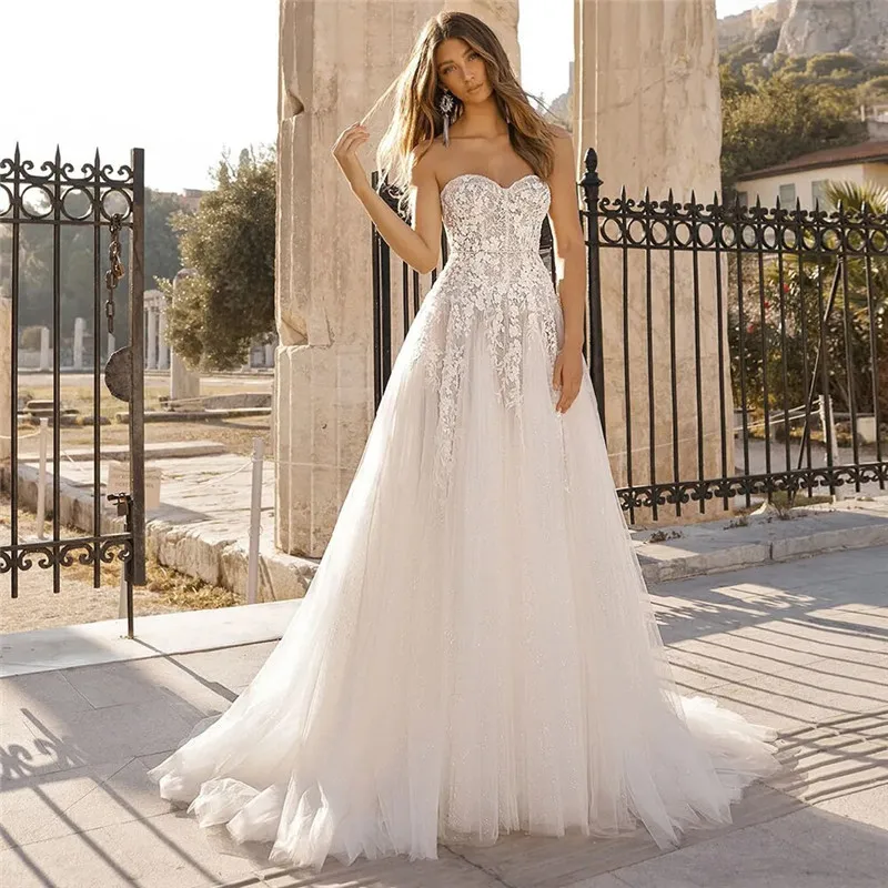 

Sweetheart Lace Tulle A-Line Wedding Dresses Custom Made Formal Long Garden Bridal Gowns Zipper Back Bride Dress