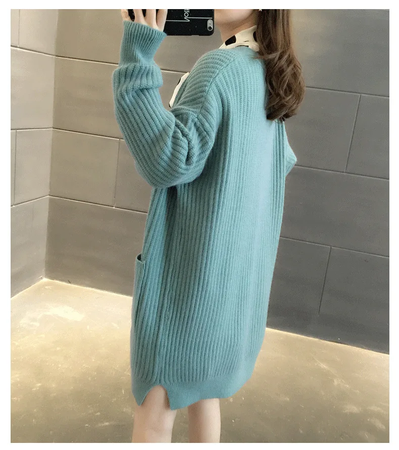 Длинный кардиган свитер корейской версии приток мужчин Женский Новинка осени свободная однобортная Одноцветный свитер пальто