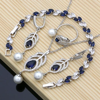 

Bridal Pearls 925 Silver Jewelry Sets Natural Blue Stone Women Wedding Adjustable Ring Birthday Gifts Necklace Set