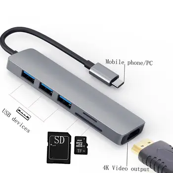 

6in1 4K Type C to HDMI USB3.0 Micro-SD TF Card PD Hub Adapter Expansion Dock