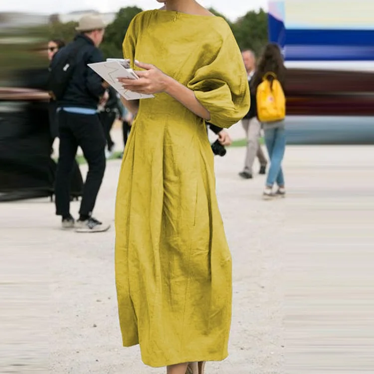 ELSVIOS Women Cotton Linen Dress Autumn Winter Three Quarter Sleeve Solid Long Dress Female O Neck Slim Maxi Party Dress Vestido - Цвет: Yellow