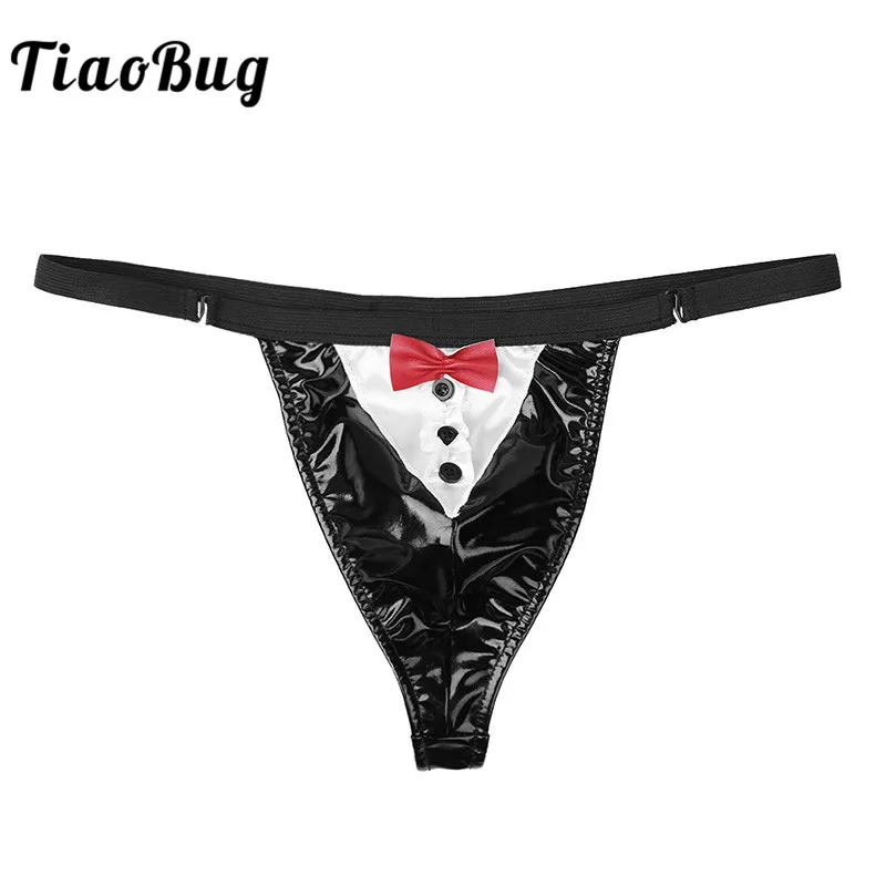 TiaoBug, мужское привлекательное нижнее белье для геев, мокрый вид, лакированная кожа, Tanga, нижнее белье, низкая посадка, Bulge Pouch Butler, официант, смокинг, стринги