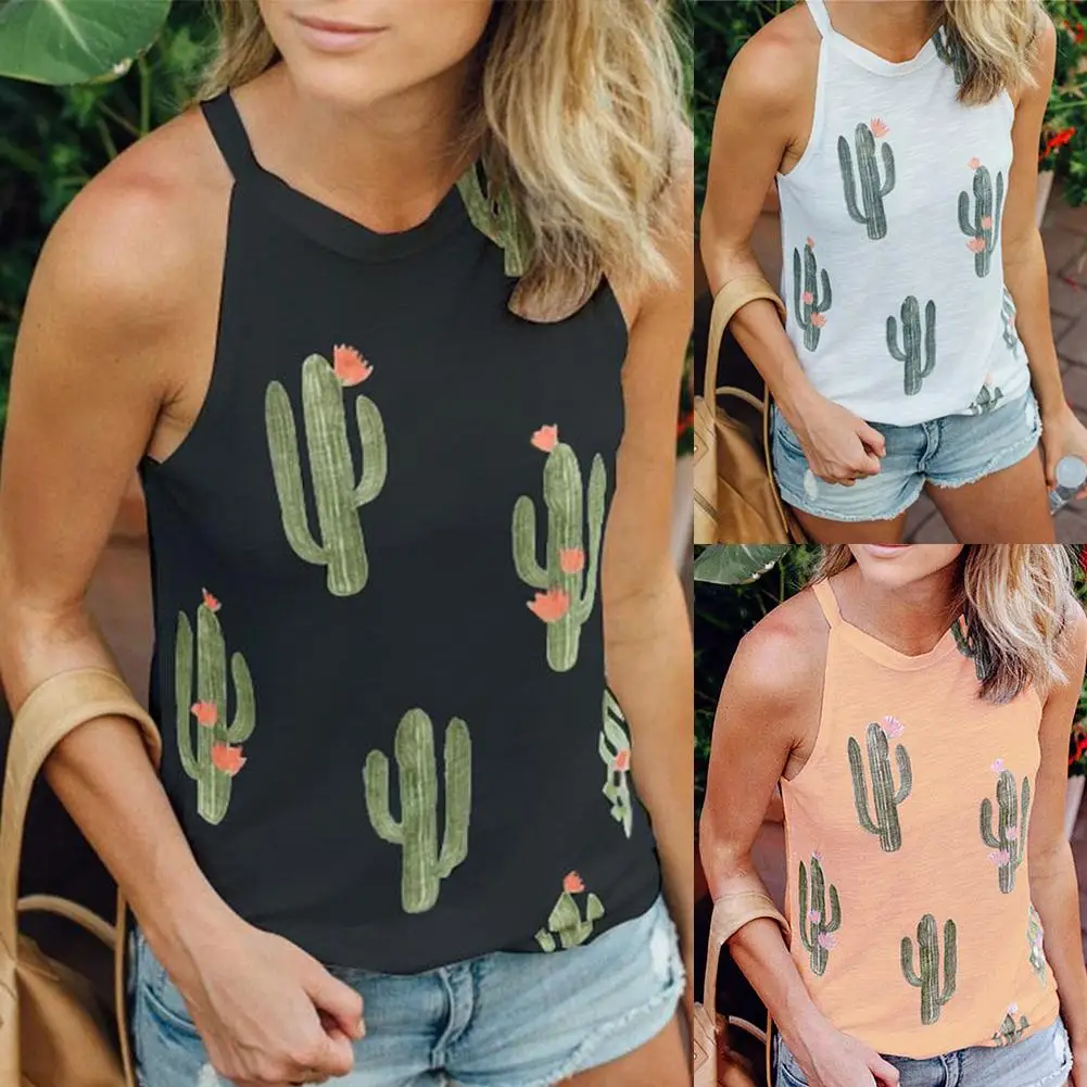 

Summer Casual Women Cartoon Cactus Print Sleeveless Round Neck Vest Tank Top