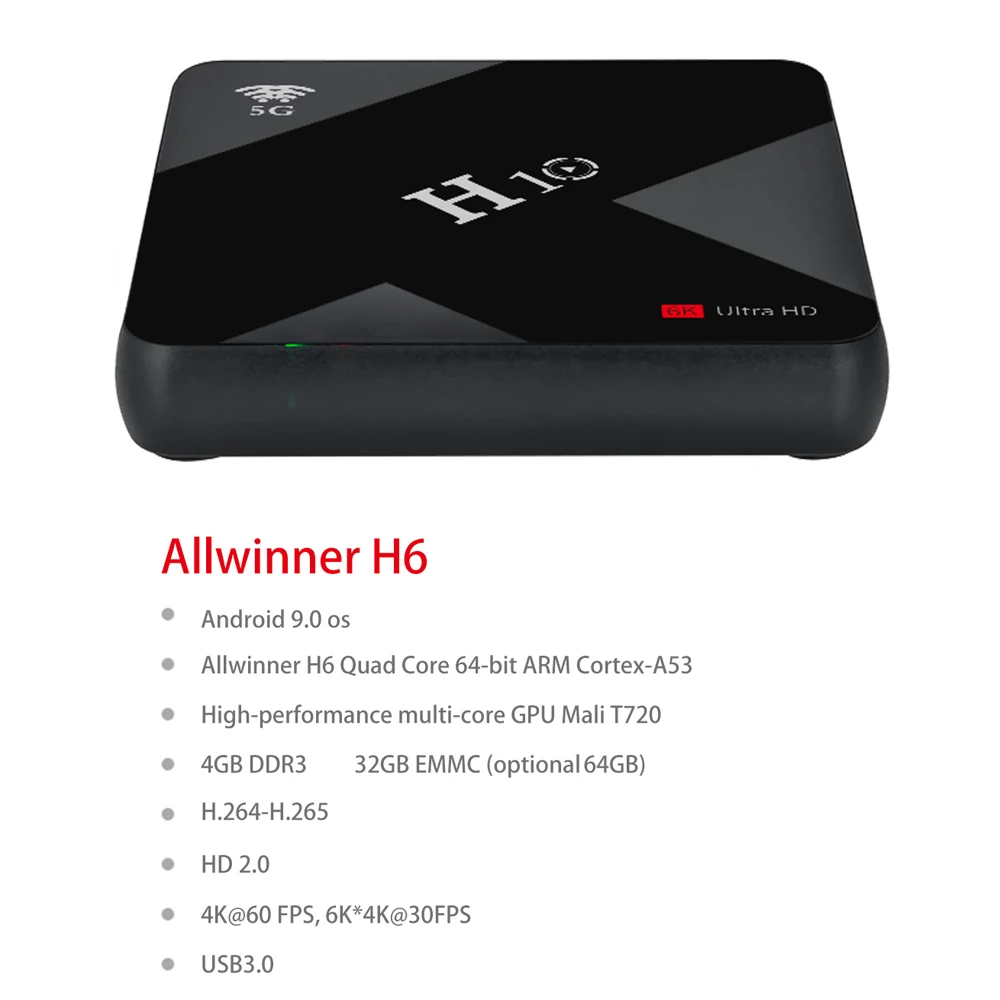 H10 Android приставка ТВ приставка Android 9,0 4K медиаплеер 6K Allwinner H6 Четырехъядерный 4 ГБ 32 ГБ 64 Гб 2,4G 5G WiFi 100M LAN пульт дистанционного управления