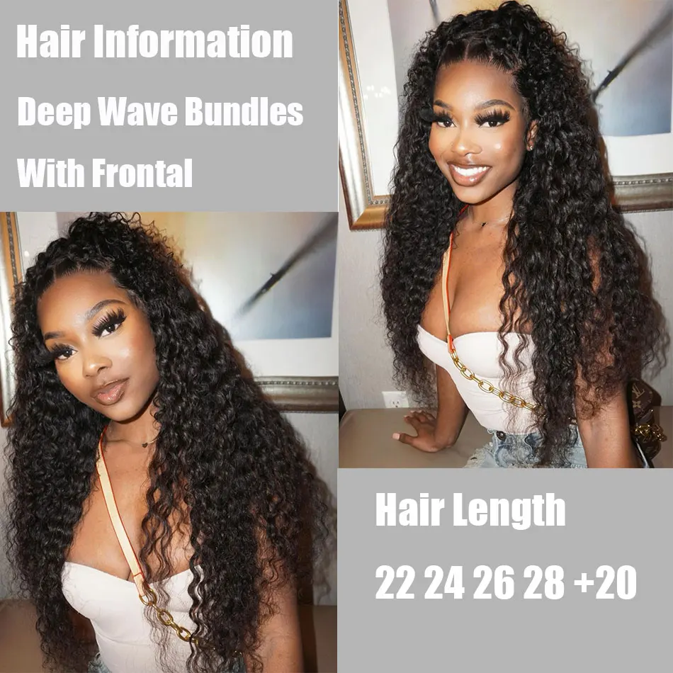 Indian Deep Wave Bundles With Closure 100% Human Hair Deep Curly 2/3 Bundles With Frontal Indain Hair Weave Closure