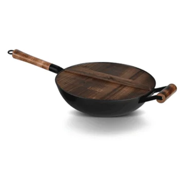 

32cm Non-coating Cast Iron Healthy Wok Chinese Style Pan Good Quality Fried Pan Wok Para Cocinar with Wood Cover and Handle