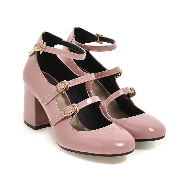 Meotina/ весенняя обувь; женские туфли-лодочки Mary Jane на Высоком толстом каблуке с пряжкой; обувь для вечеринок; женская обувь с круглым носком; цвет черный, красный; размеры 34-39 - Цвет: Pink