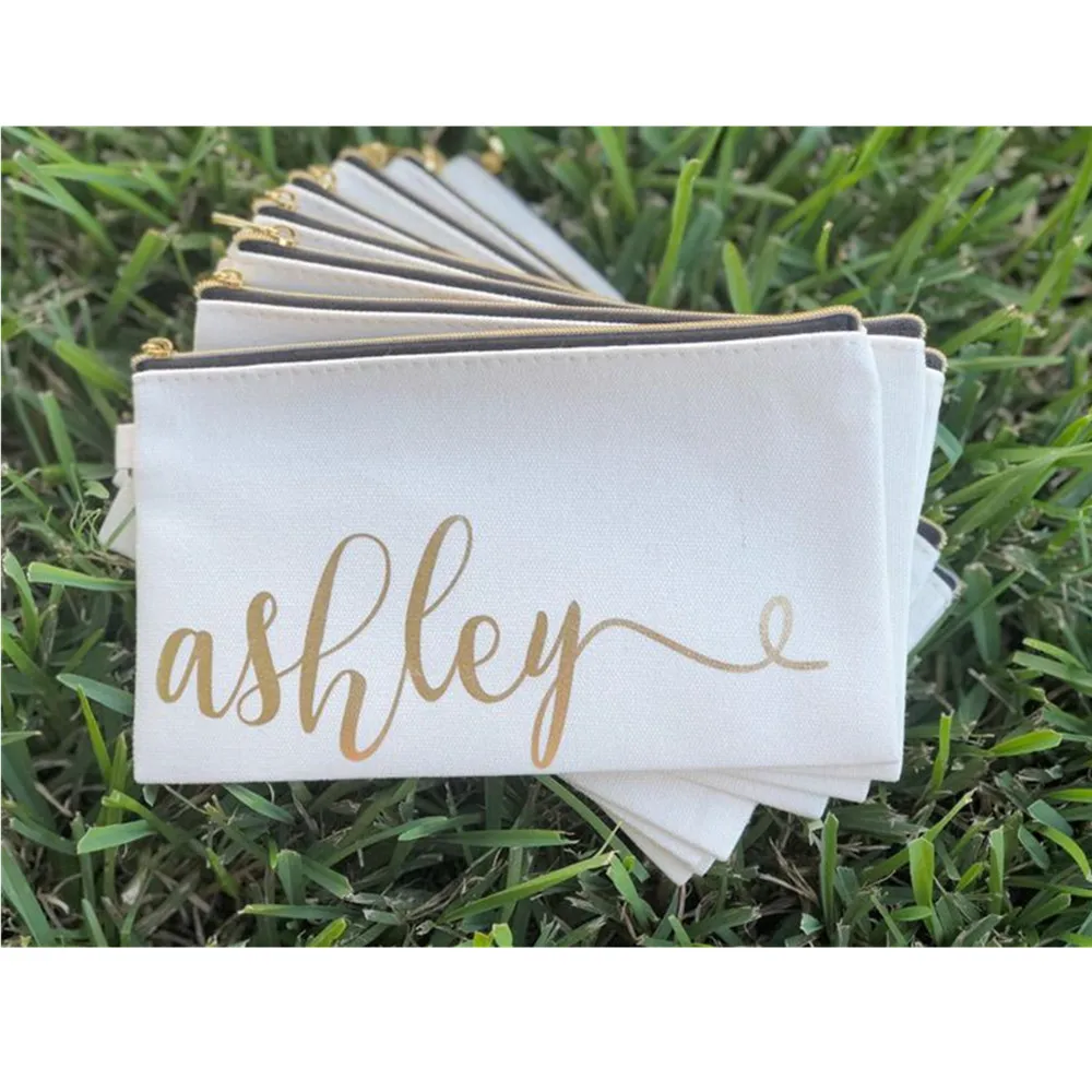 

Canvas wedding Toiletry Bag custom calligraphy makeup Bag gold bridesmaid Make Up Bag birthday gift bride Cosmetic bag trip bag