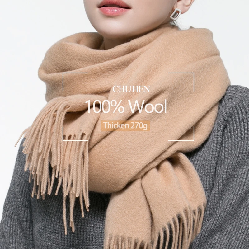 100% Pure Wool Scarf Women 2021 Brand Warm Shawls and Wraps for Ladies Foulard Femme Solid Warps Winter Cashmere Scarves |