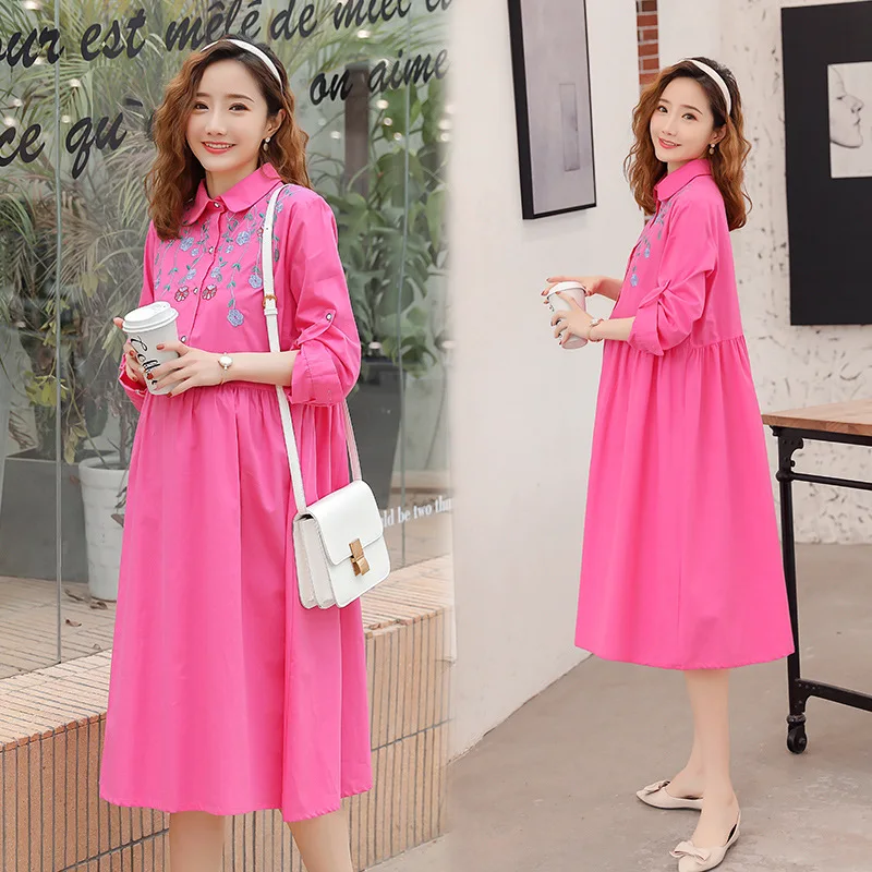 

Tops Autumn Clothing New Style Mid-length Large Size Loose-Fit Fashion Models Pregnancy Embroided Dress Shirt Dress Long Skirts