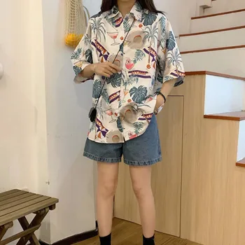 

Women Turn-down Collar Button Summer Blouses Tops Vintage Printed Blouses Casual Short Sleeve Loose Shirts