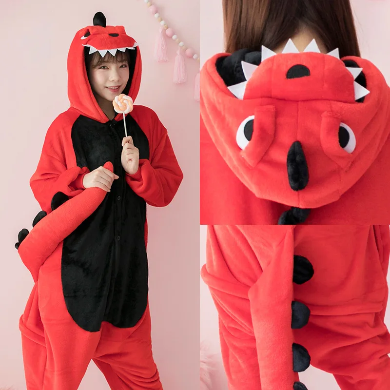 Female-pajamas-red-dinosaur-cartoon-one-piece-pajamas-autumn-and-winter-flannel-Pikachu-cows-chinchillas-jumpsuit