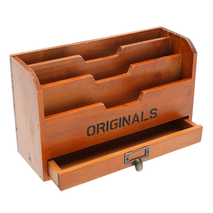 Wooden Storage Box Letter Rack Vintage Holder Post Mail Paper Card Organizer for Home Office PAK55