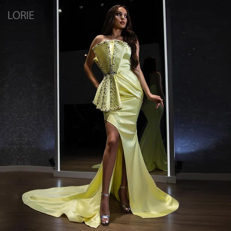 

LORIE Дубай вечерние платья арабские без бретелек с Боковым Разрезом атласные вышитые бисером платья русалки с бантом желтые вечерние платья знаменитостей