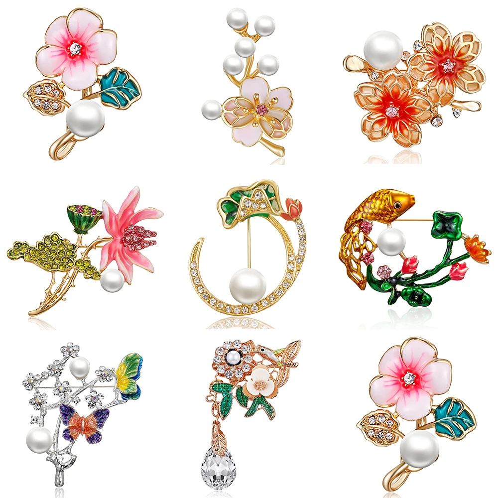 

Fashion Crystal Rhinestones Enamel Plant Brooches Tree Leaves Flower Pearl Brooch Pin Elegant Suit Dress Brooch for Women Badge