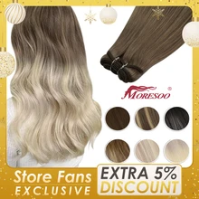 Moresoo Weft Extensions Human Hair Weave in Double Wefted Bundles Machine Remy Hair Balayage Hair Pieces for Women Straight